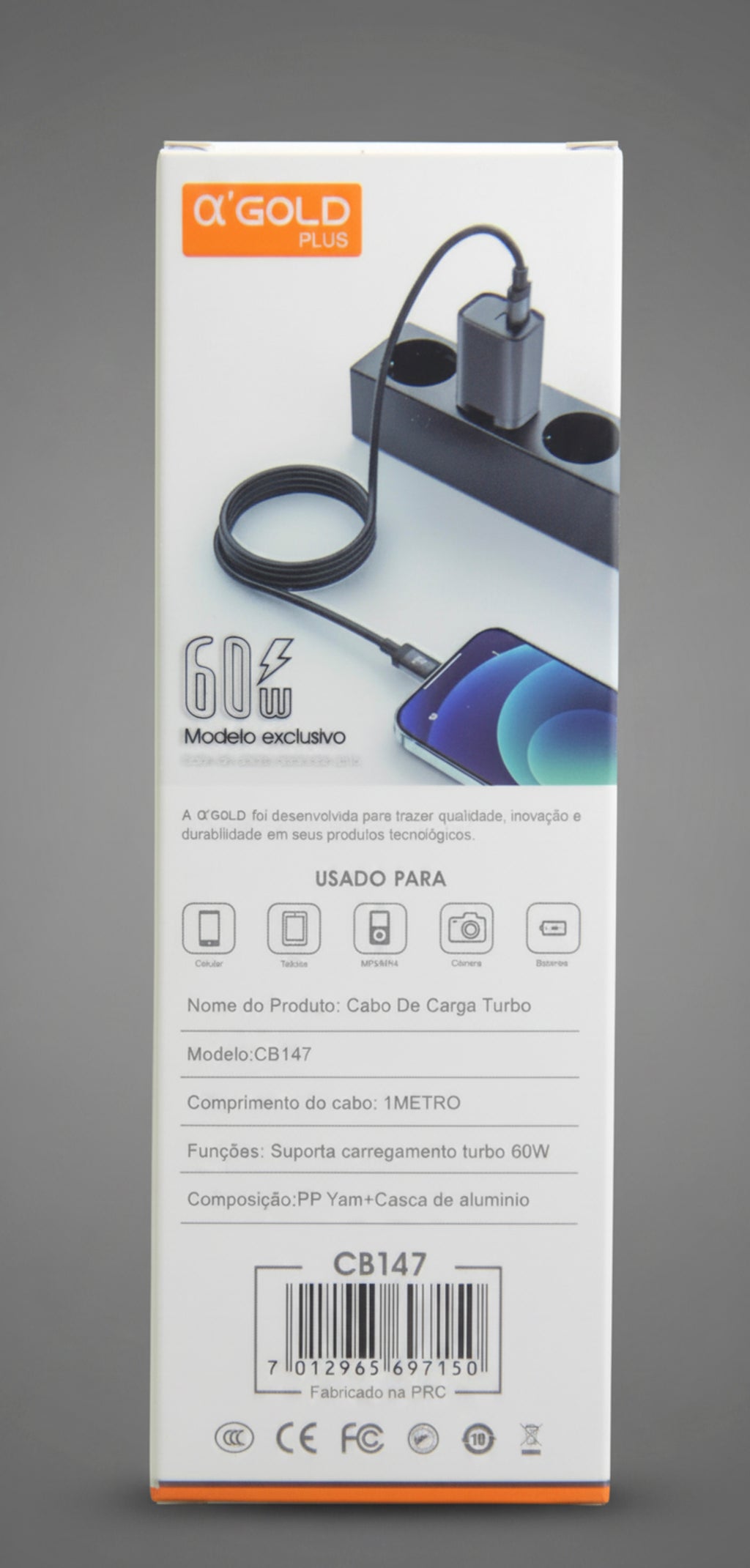 Cabo Turbo USB-C para USB-C 60W 1 Metro Alpha Gold Plus CB147 Carregamento Rápido