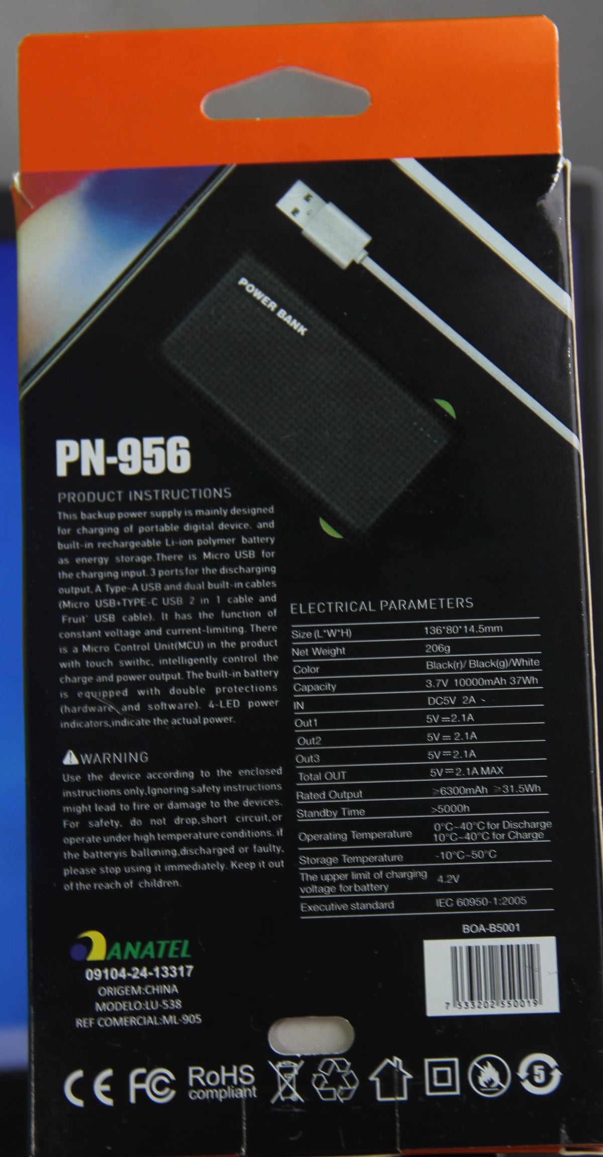 Carregador portátil Power Bank 10.000mAh PN-956 Carregador Portátil 3 Saídas