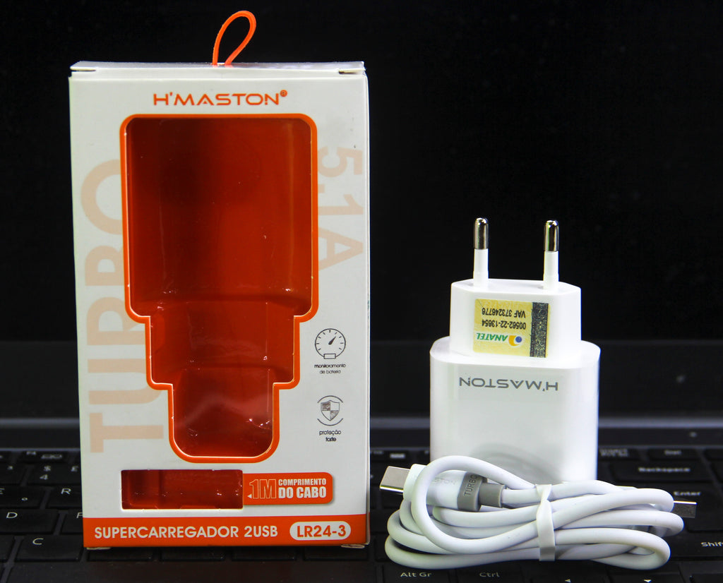 Carregador, Supercarregador H’Maston LR24-3 5.1A 2 USB + Cabo USB-C 1M
