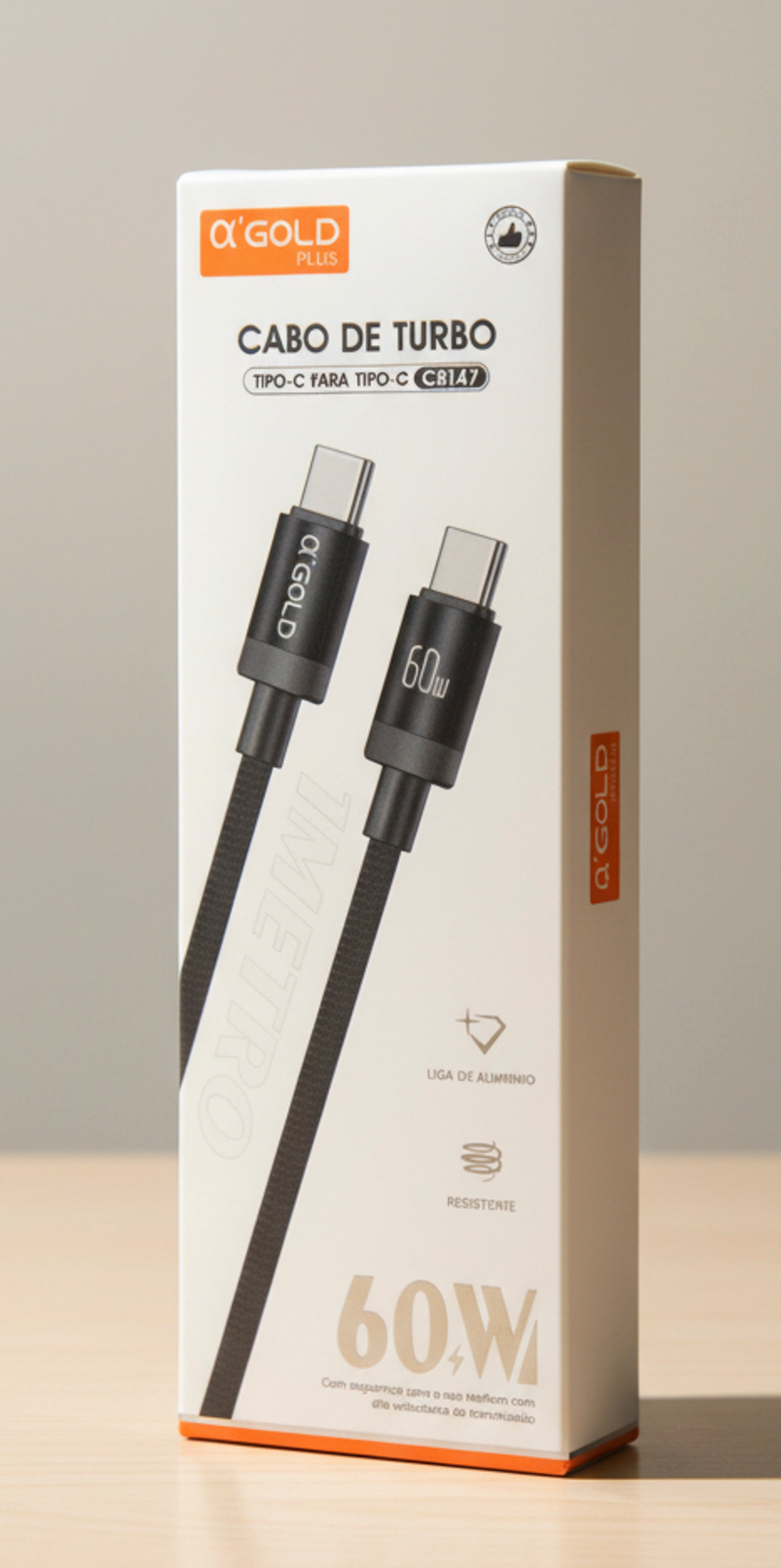 Cabo Turbo USB-C para USB-C 60W 1 Metro Alpha Gold Plus CB147 Carregamento Rápido