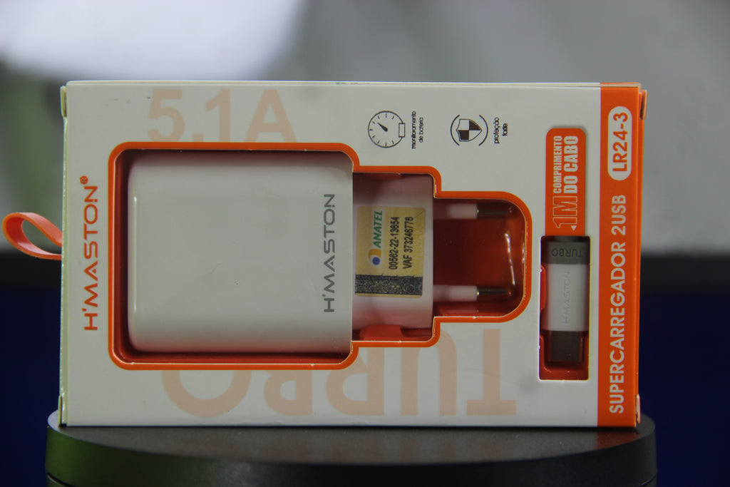 Carregador, Supercarregador H’Maston LR24-3 5.1A 2 USB + Cabo USB-C 1M