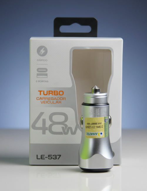 Carregador Veicular Turbo 48W USB + USB-C Carregamento Rápido LE-537