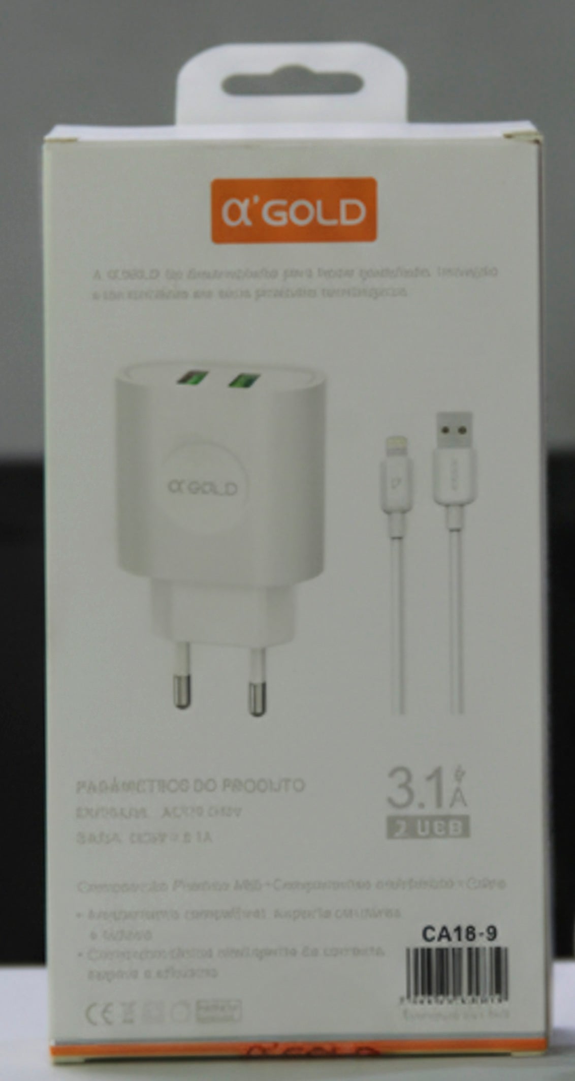 Carregador Rápido A'Gold 3,1A 2 USB + Cabo Lightning para iPhone