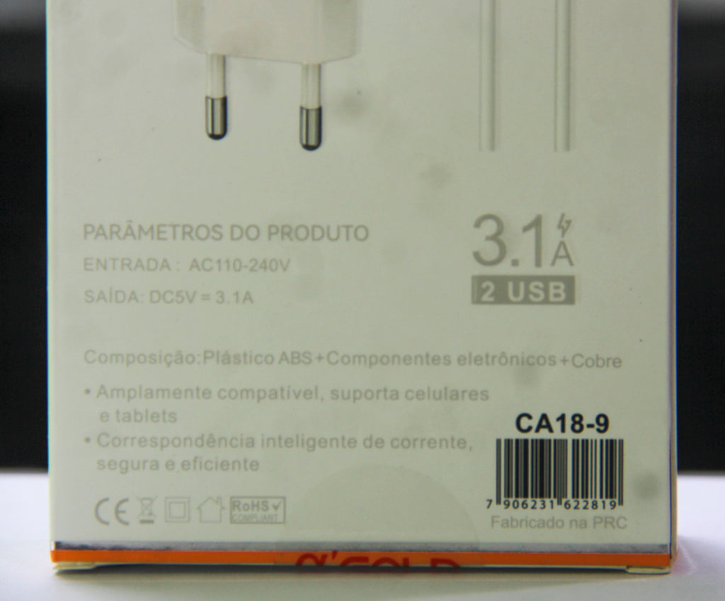 Carregador Rápido A'Gold 3,1A 2 USB + Cabo Lightning para iPhone