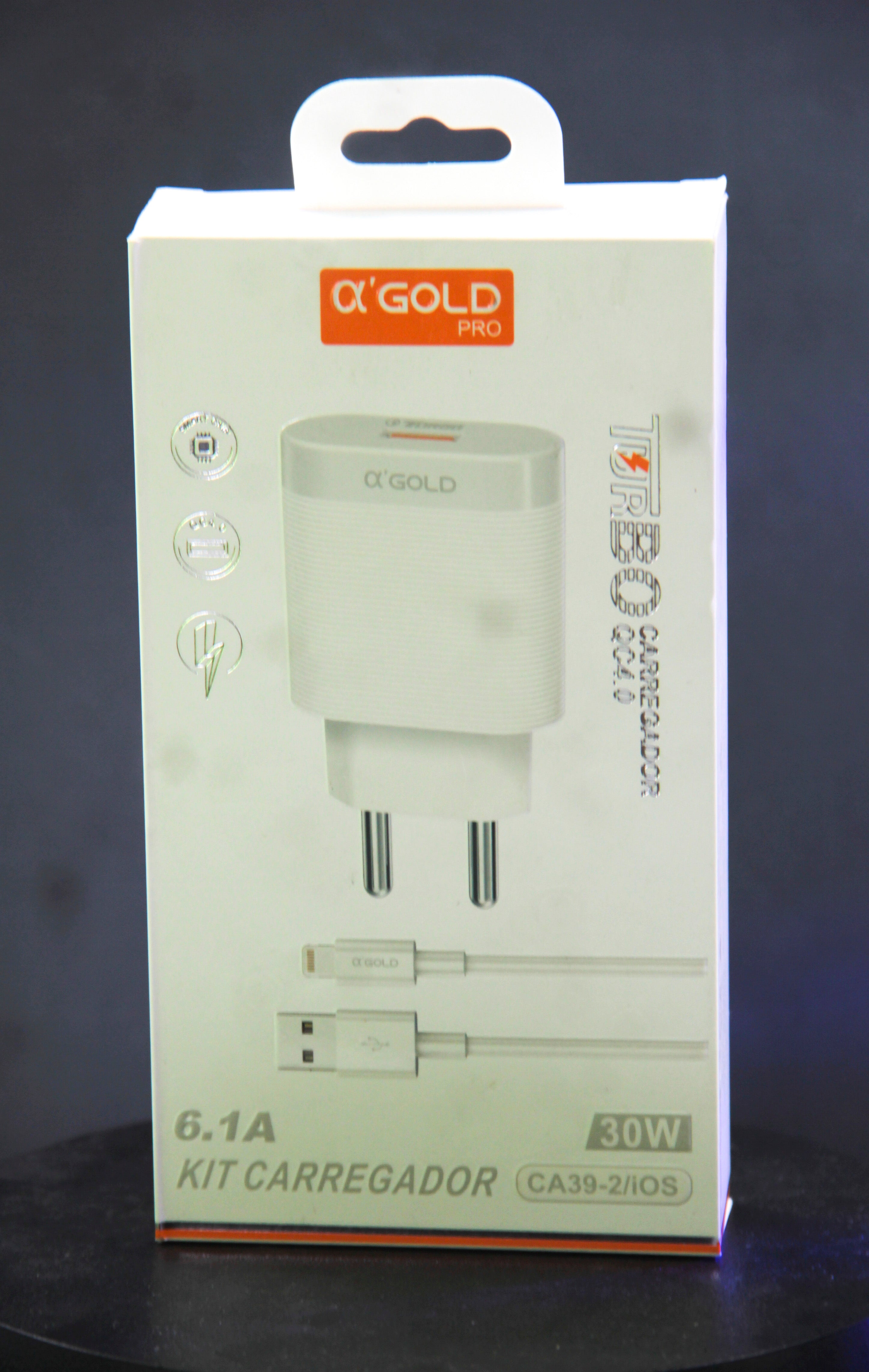 Kit Carregador Turbo 30W 6.1A A'Gold CA39-2 Lightning para iPhone